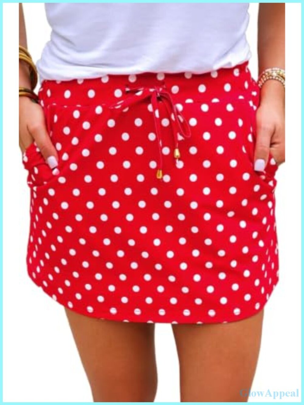Polka Dot High Waist Drawstring Mini Skort with Pockets